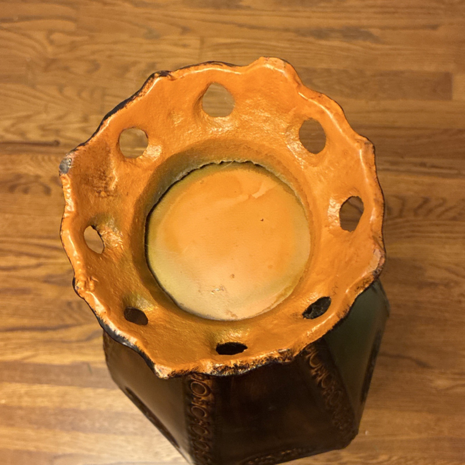 Antique Style Matte Brown Gold Metal Flower Vase Hexagonal Etched Pattern