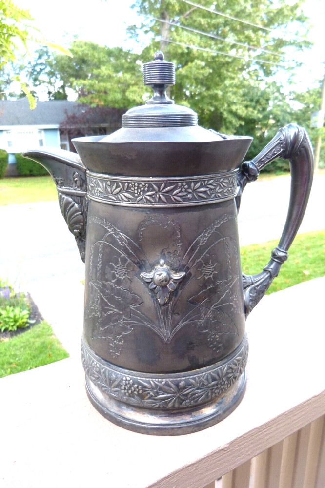 1868 #27 MERIDEN B CO VICTORIAN ORNATE SILVERPLATE WATER PITCHER ENAMEL LINED