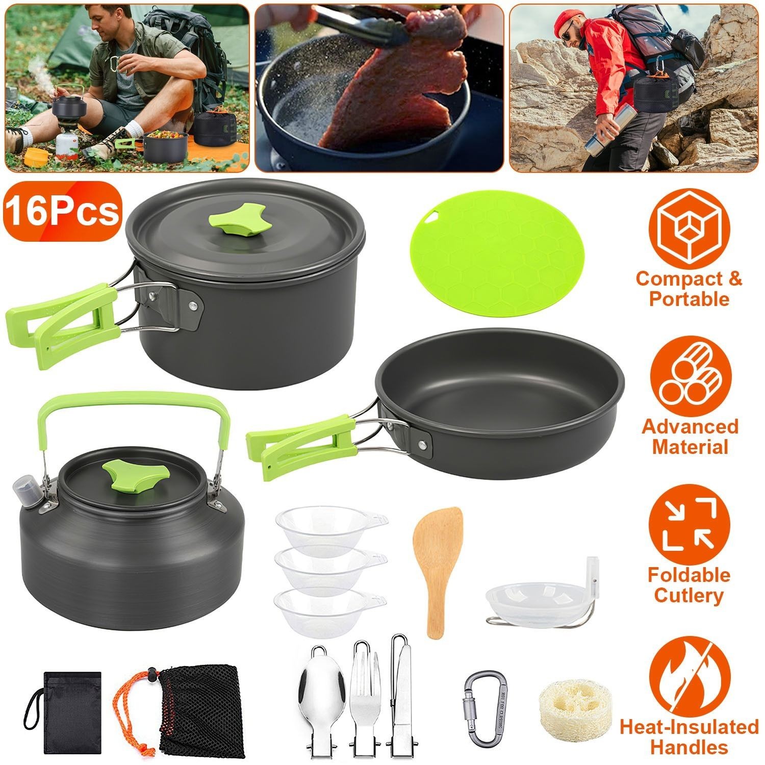 16 Piece Camping Cookware Set with Stove Aluminum Pots Frying Pan Kettle Bowls F