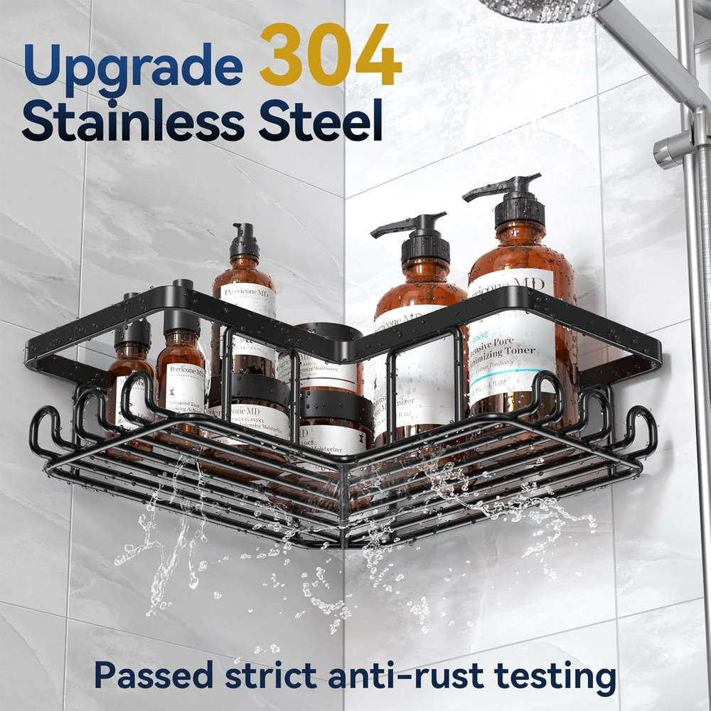 Rustproof Stainless Steel Corner Shower Caddy with Hooks - 3-Pack