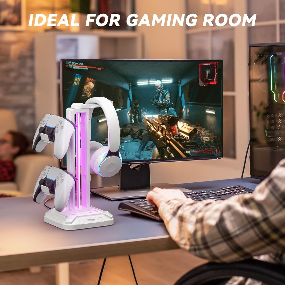 RGB Headset Stand with 9 Light Modes - Controller Holder for Desk - Rotatable...