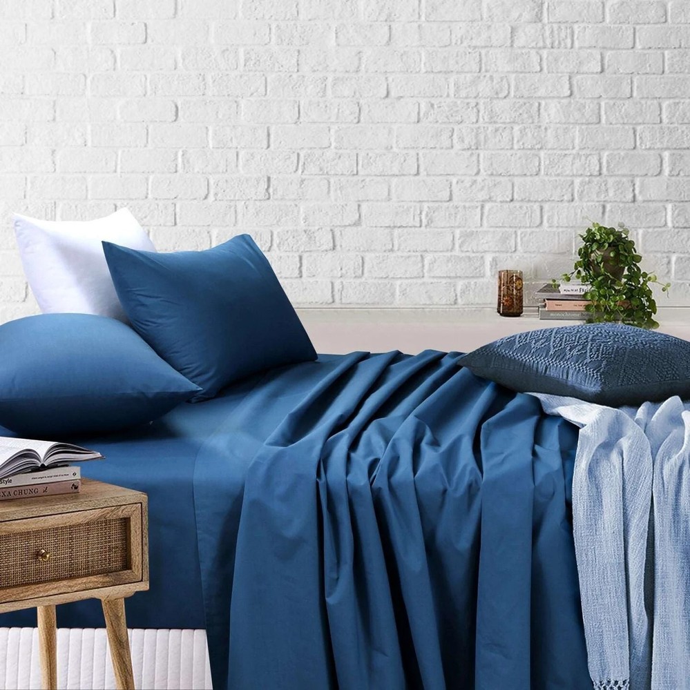 Fitted Flat Sheet Blue Cotton Rich Single Double King Queen Bed Sheets set