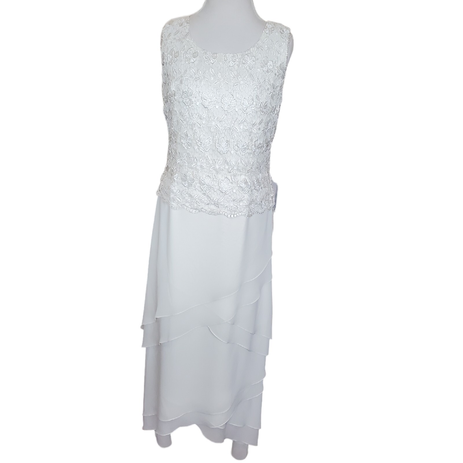 Vintage 90s Cream Ivory Crochet Chiffon Layered Long Wedding Dress Beach Size 10