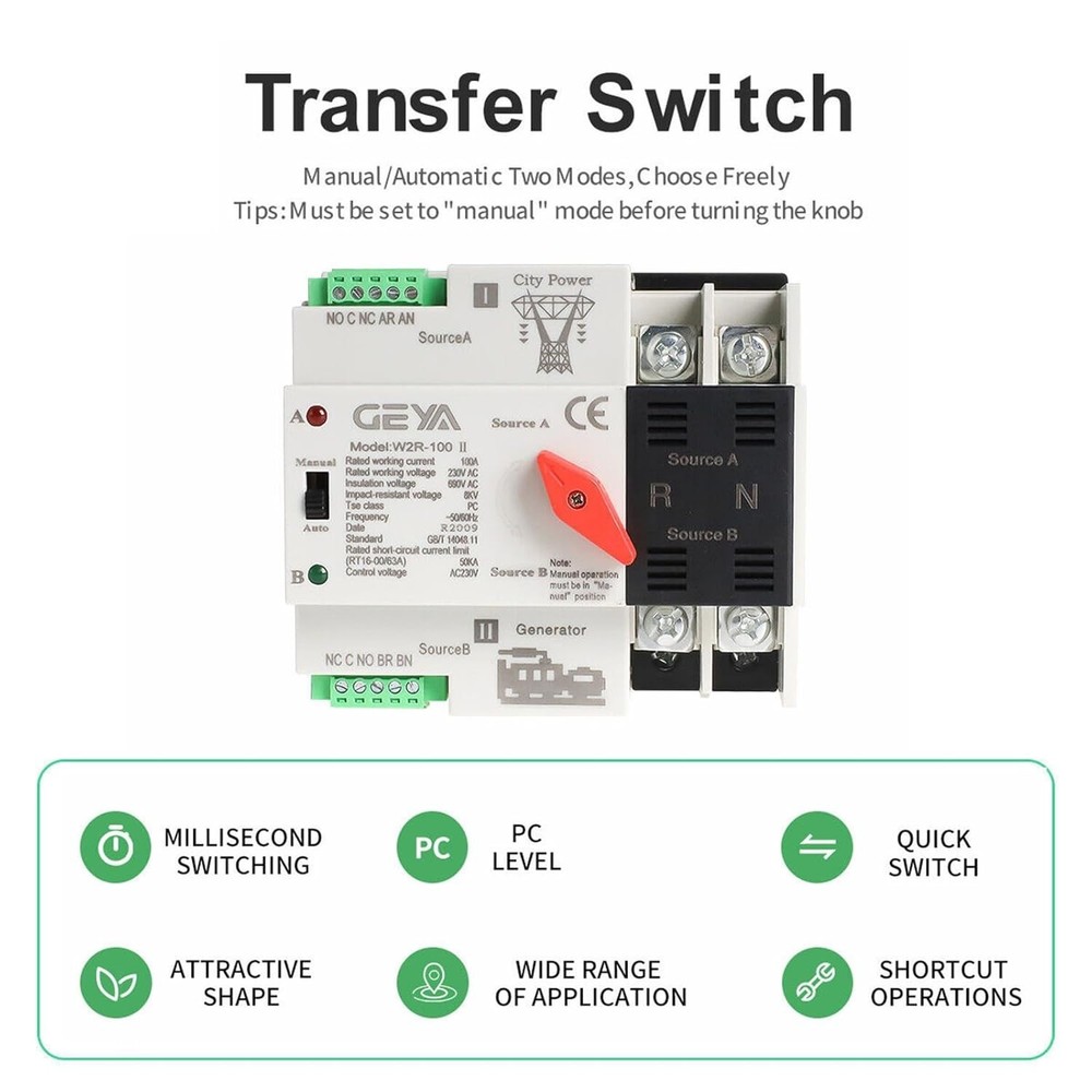 Automatic Transfer Switch Three Phase ATS 100A 220V Power Transfer Switch Din...