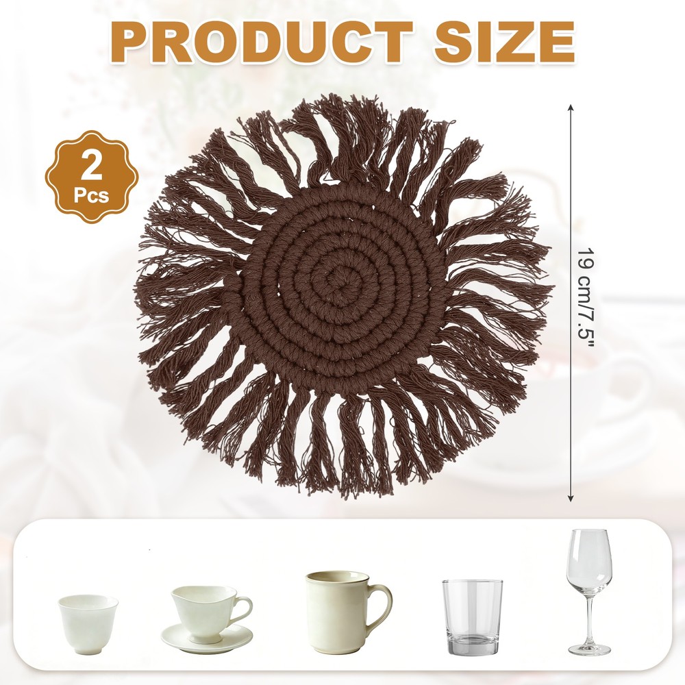 2Pcs Boho Coasters, Woven Drink Coasters with Tassel, Chocolate