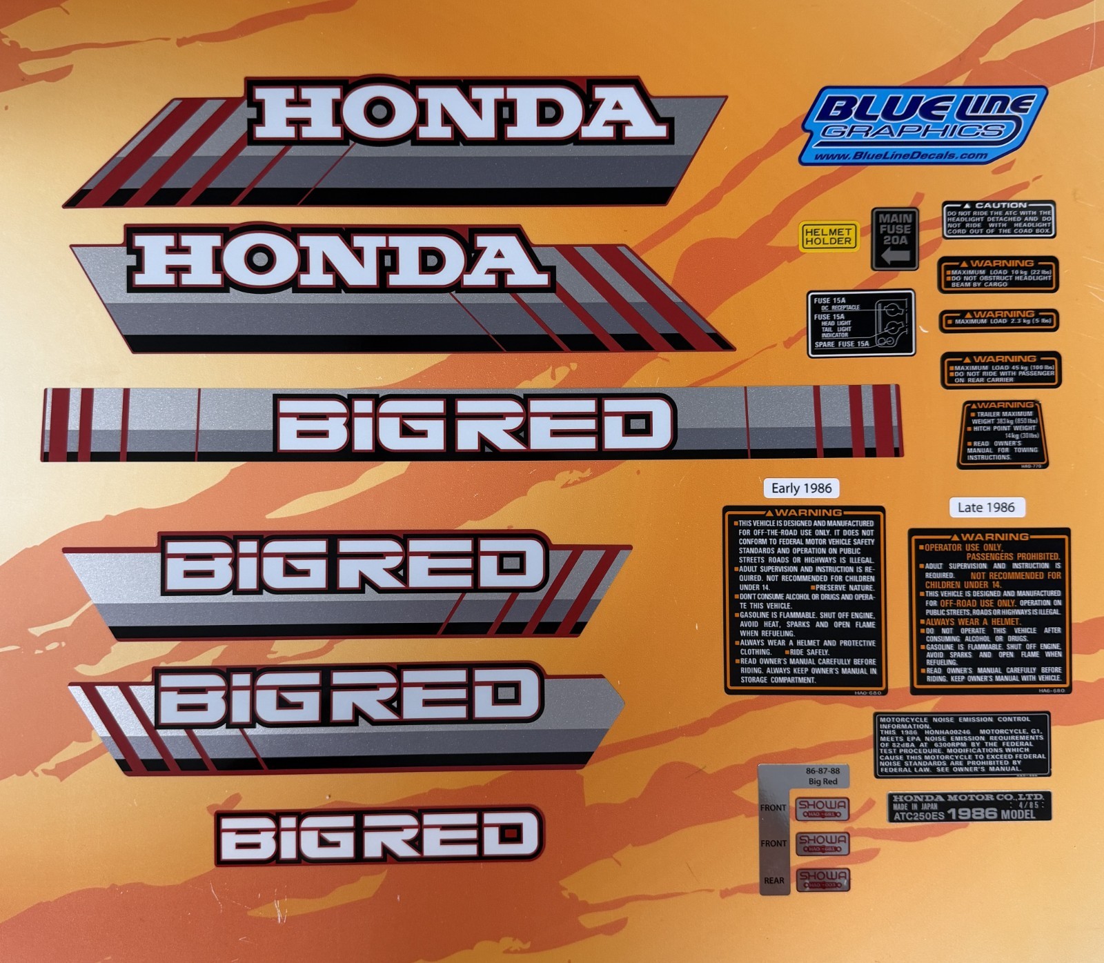 1986 Honda ATC250ES 250ES ATC Big Red Tank Decals Complete Kit 86 Sticker 250