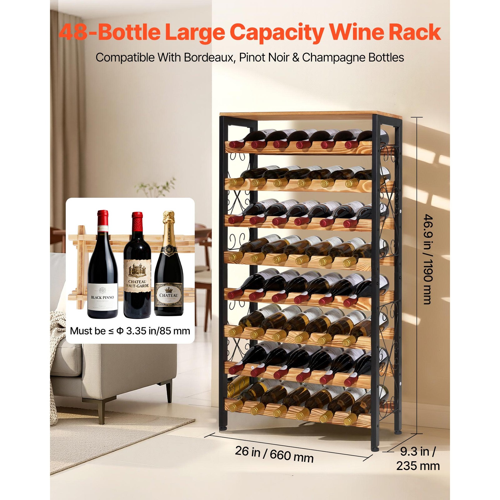 Uimoso 48-Bottle Wine Rack, 8-Tier Freestanding Floor Wine Storage Organizer