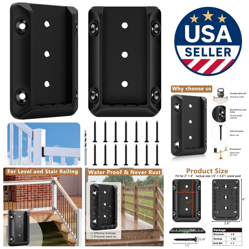 6 Durable Deck Railing Bracket Connectors with Screws & Drill Bit for 2x4 Posts