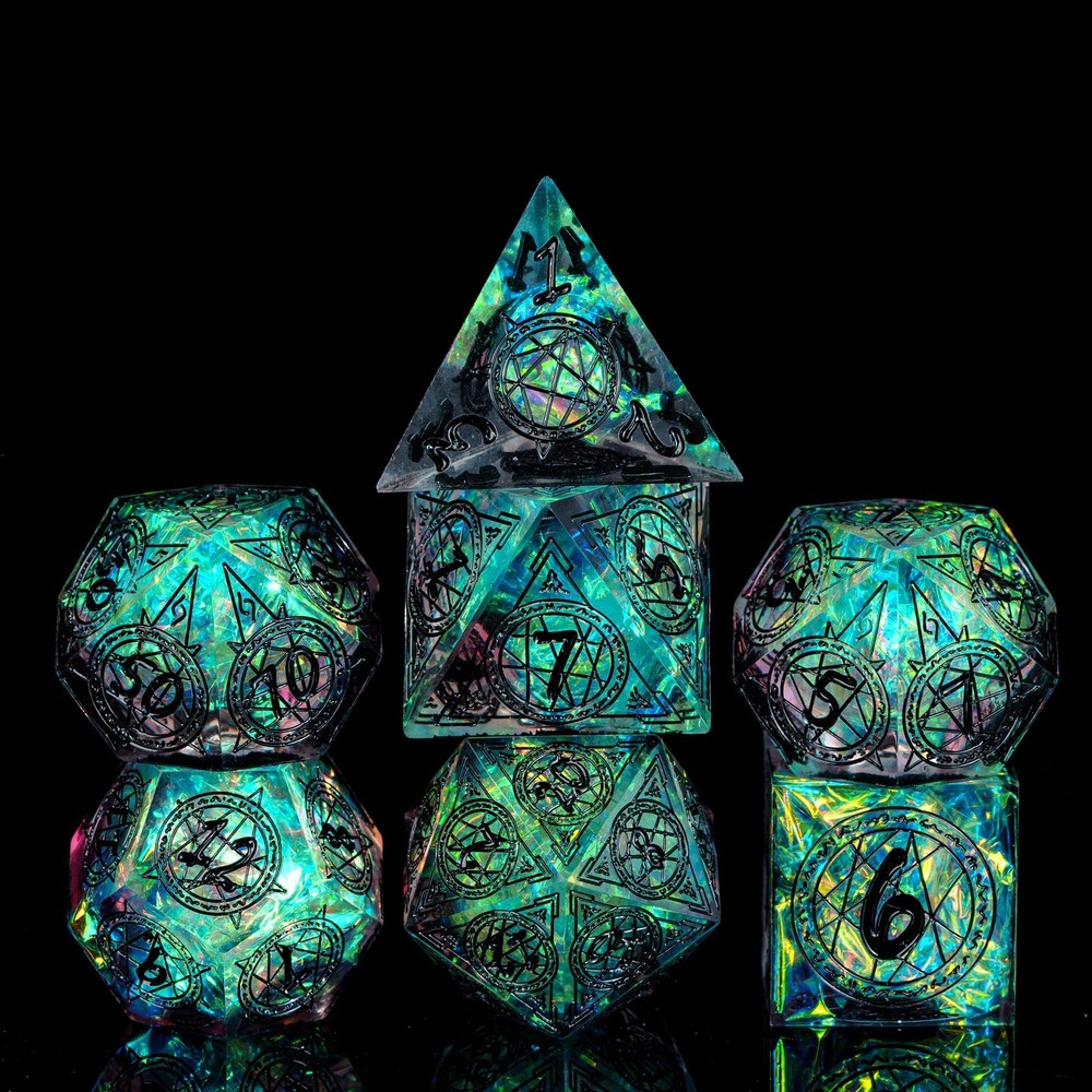 Cusdie 7-Die Sharp Edges DND Dice Set, Magic Circle Pattern Polyhedral D&D Dice