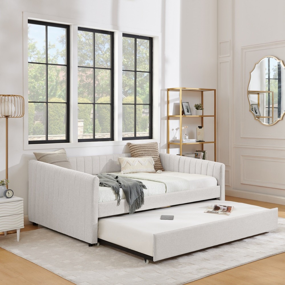 Full Daybed Modern Linen Upholstered Bed Frame Sofa Bed w/ Pull-Out Trundle