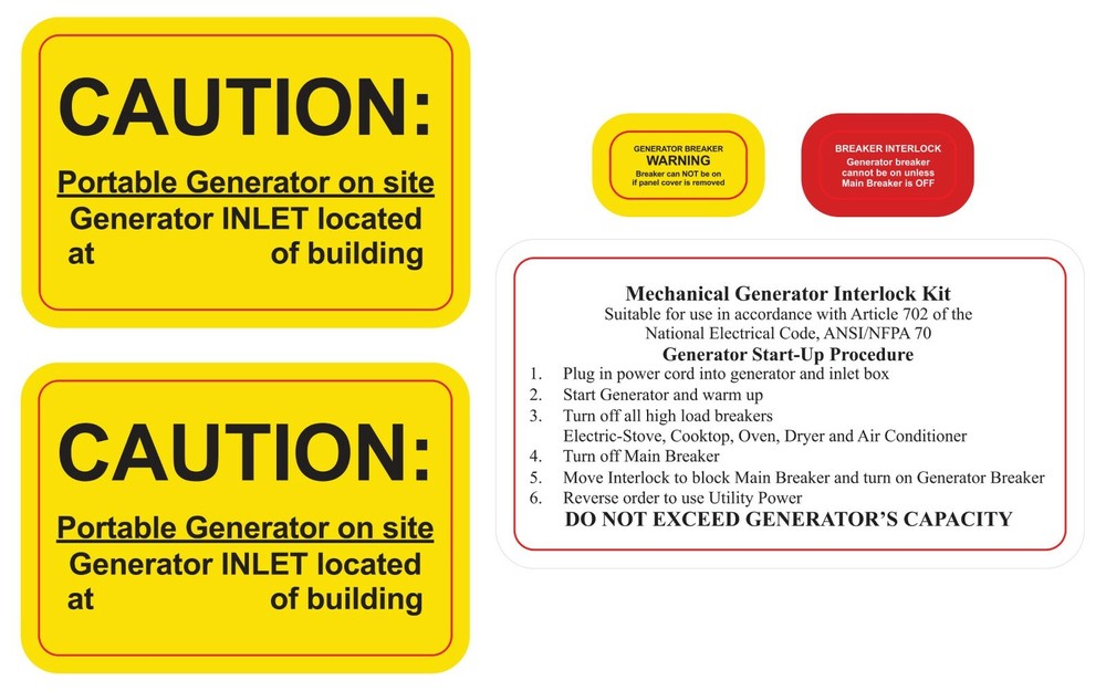 Generator interlock and or Transfer Switch Caution Labels NEC Article 702.7