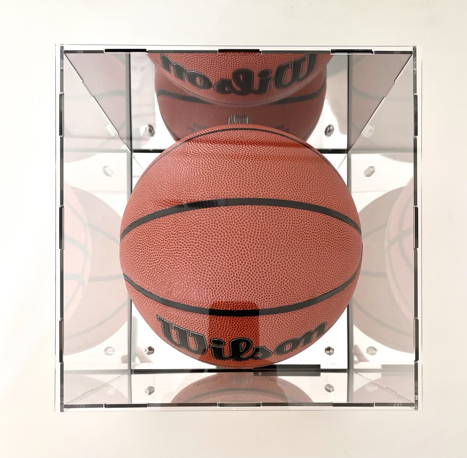 Basketball Display Case with Silver Cones, Mirror Base and Mirror Back