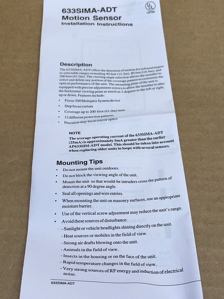 GE 633SIMA-ADT Mirror Optic PIR 200’ Range/Wide Angle 4D Processing Security