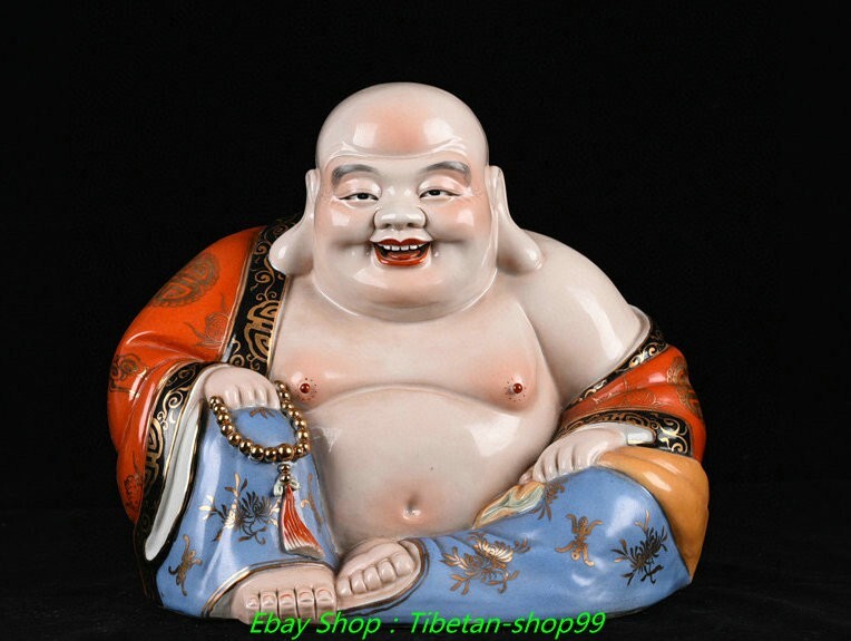10.6''Old Dynasty Famille Rose Porcelain Gilt Happy Laugh Maitreya Buddha Statue