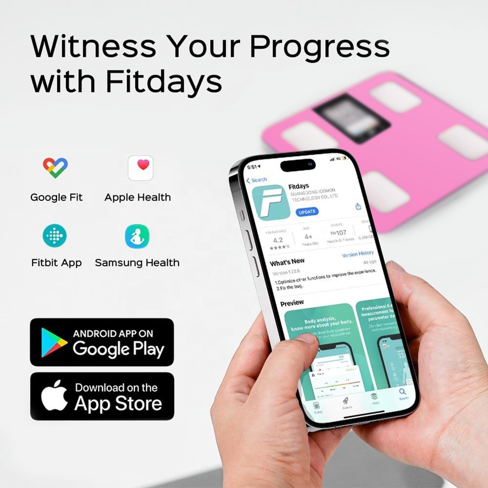 FITDAYS Smart Body Fat Scale, Bluetooth Composition Analyzer, 400lbs Pink, 11...