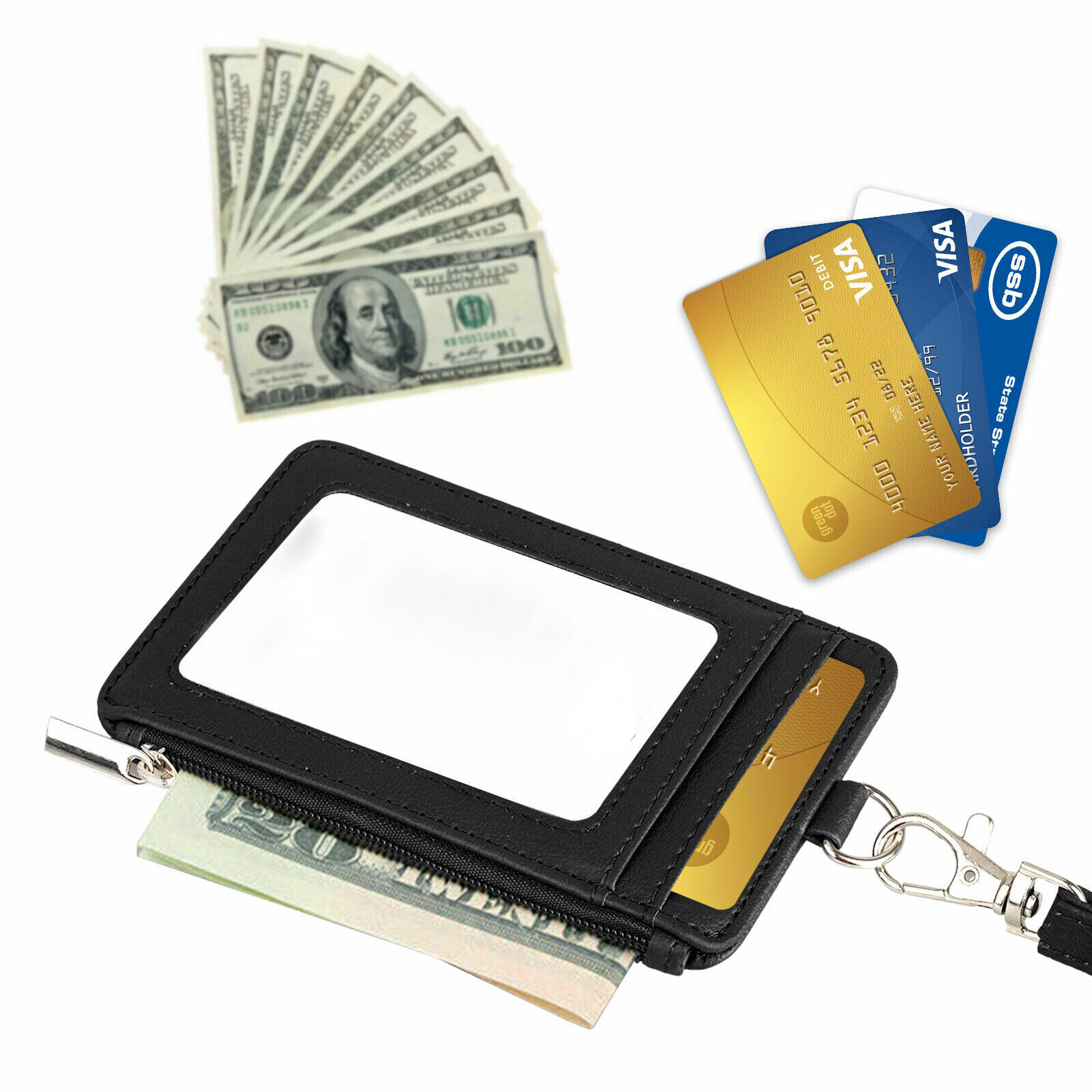 Leather ID Card Holder Vertical badge Wallet Multiple Slots Neck Strap Lanyard