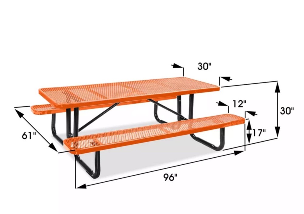 PICNIC TABLE Commercial - All Metal Construction & Steel Frame 8 Ft Rectangular
