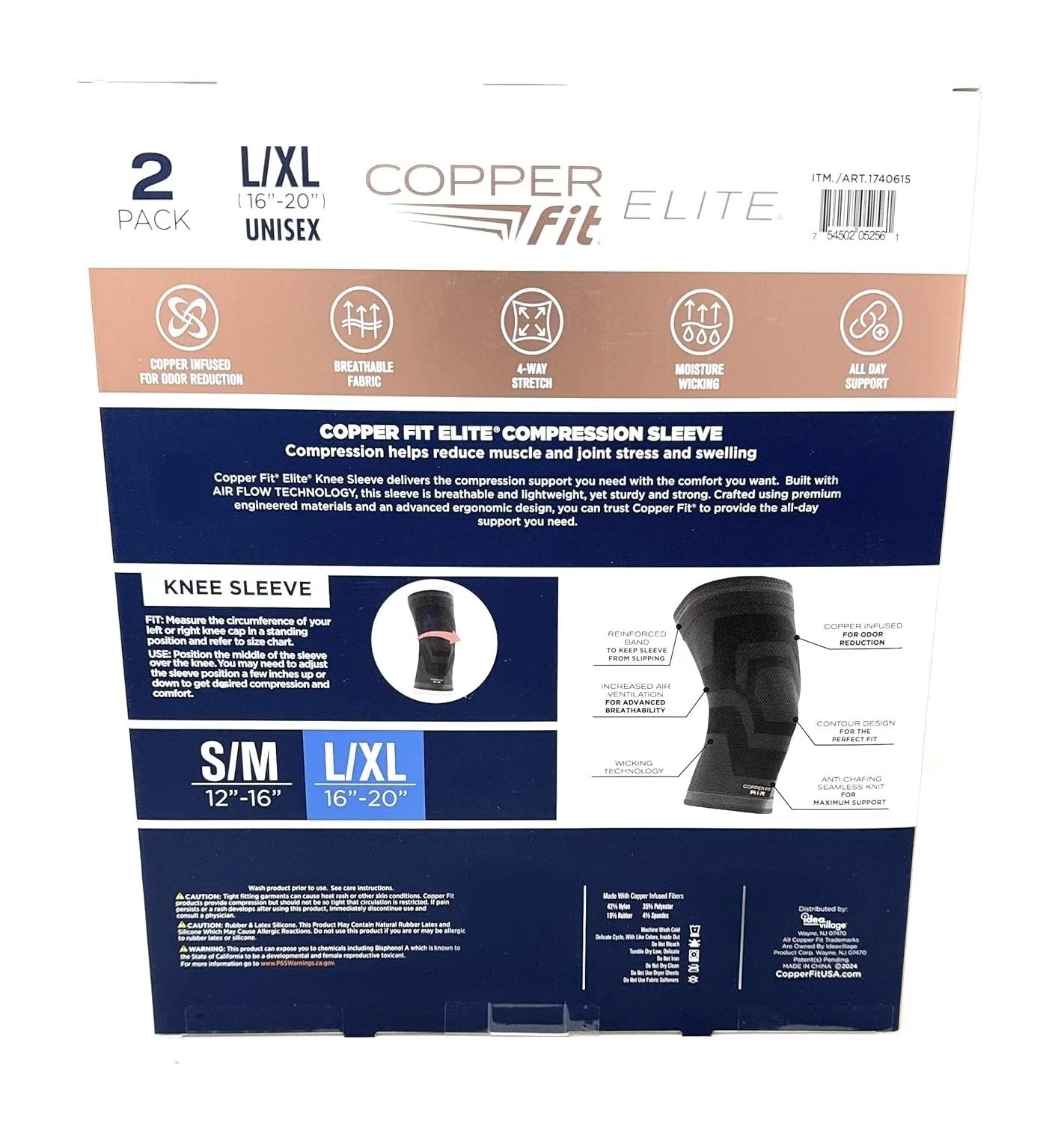 Copper Fit Elite Knee Compression Sleeve L/XL 16-20 Inch 2 Pack