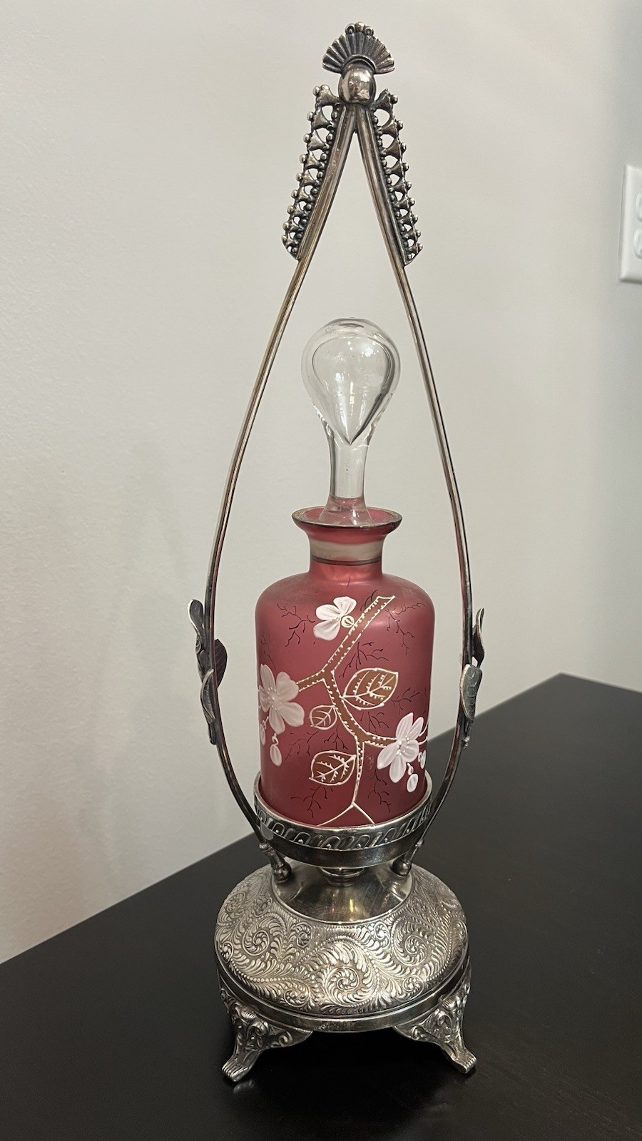 RARE Victorian Silver Plate Figural Perfume Castor Holder Cranberry Satin Glass