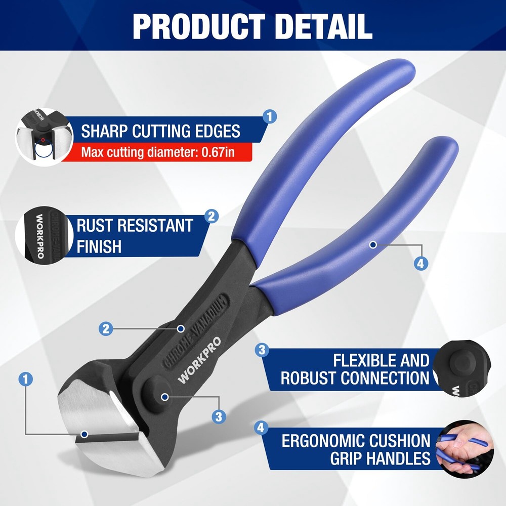 WORKPRO Nail Puller 7-Inch End Cutting Pliers High Leverage End Cutting Nipper