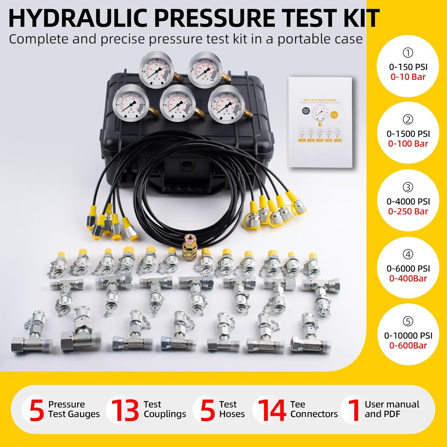 60Mpa Hydraulic Pressure Test Kit 5 Gauges 13 Couplings 14 Tee Connectors 5 Hose