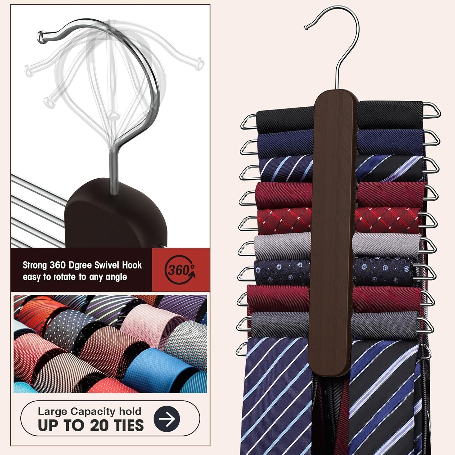 Wood Tie Rack Holder Necktie & Belt Hanger Organizer Storage Rack Space Saver