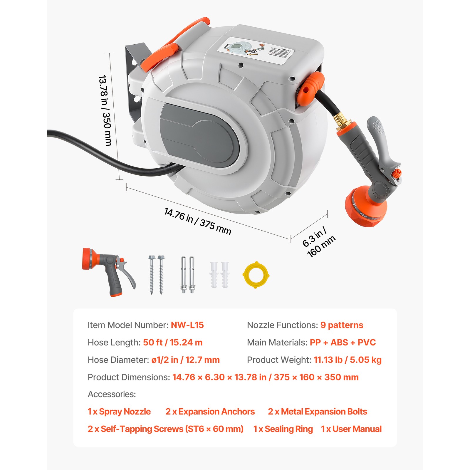 Uimoso Retractable Wall-Mounted Garden Hose Reel 1/2 inx50 ft with 9 Spray Modes