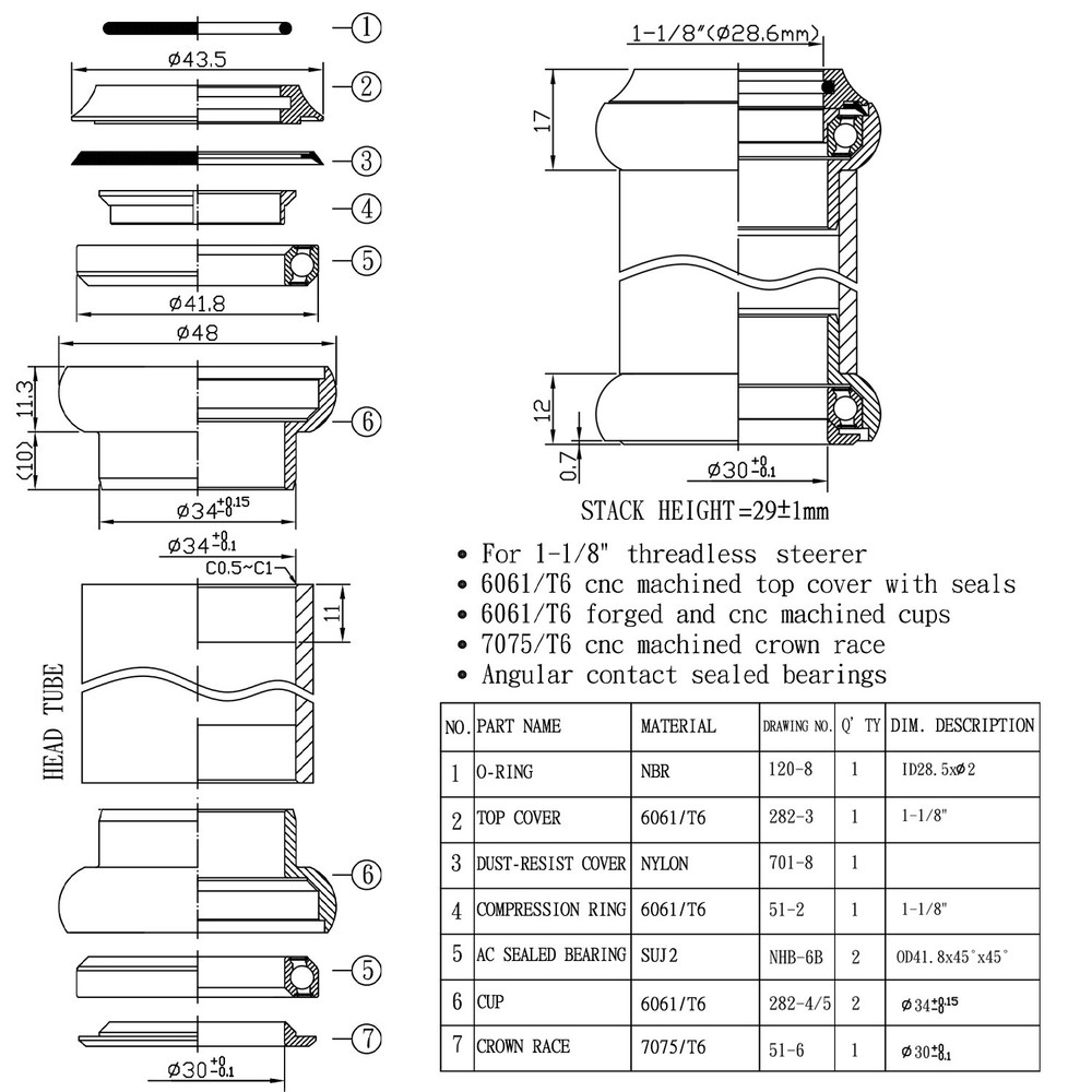 NECO 1-1/8" CNC Threadless 1 Inch Headset , Black