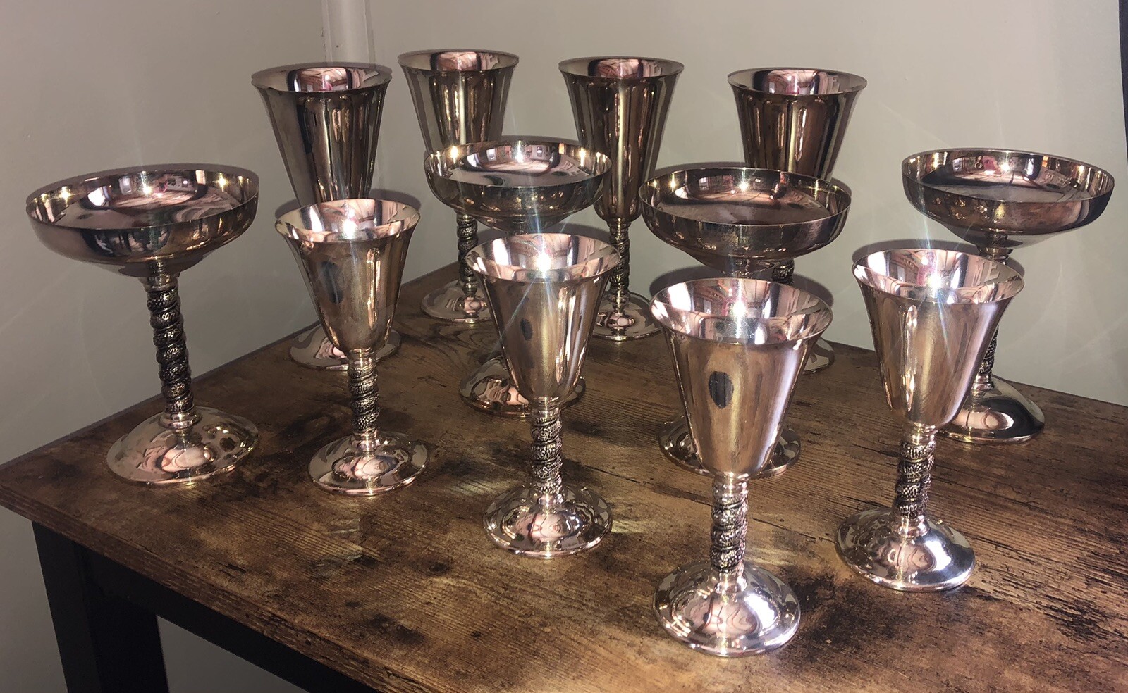 (12) Vintage Alfonso Lara Silverplate Wine Cups Goblets Spain Vine Twisted Stem