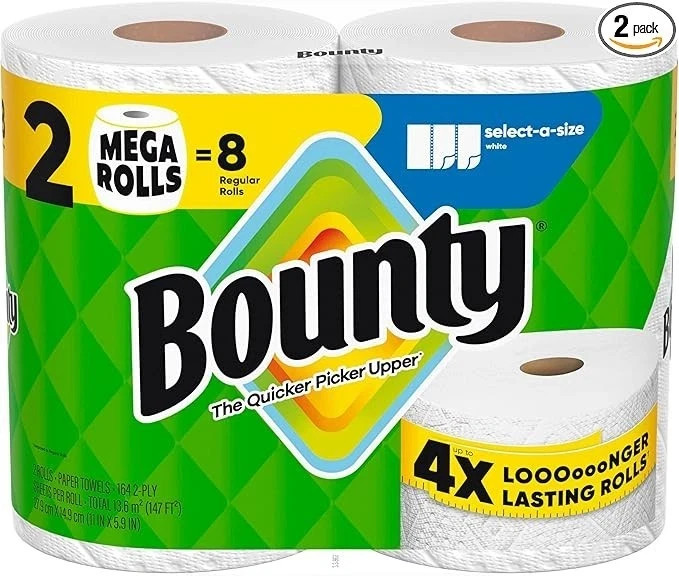 Bounty Select-A-Size Paper Towels, White, 2 Mega Rolls = 8 Regular Rolls