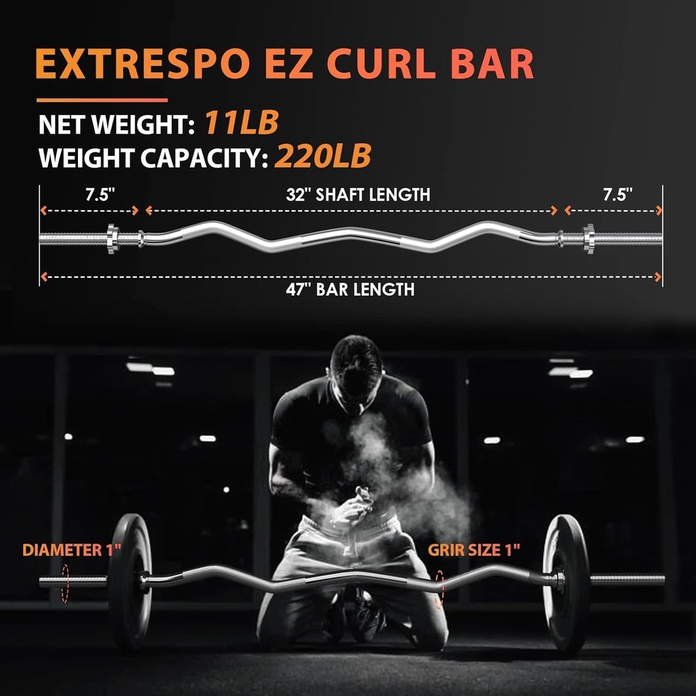 47-inch EZ curl barbell bar, suitable for hip thrusts/squats/lunges