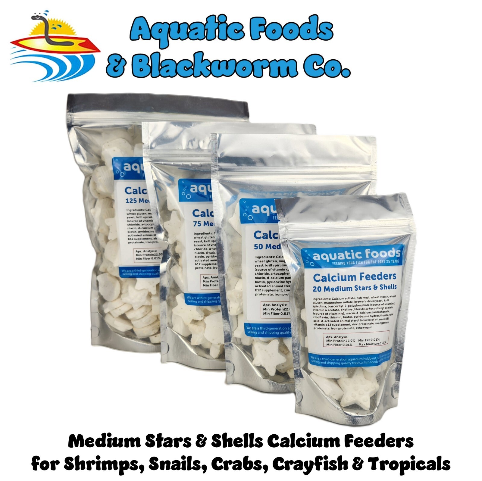 Calcium Feeder Stars & Shells for Shrimp, Snails, Crabs, Crayfish, Tropical Fish