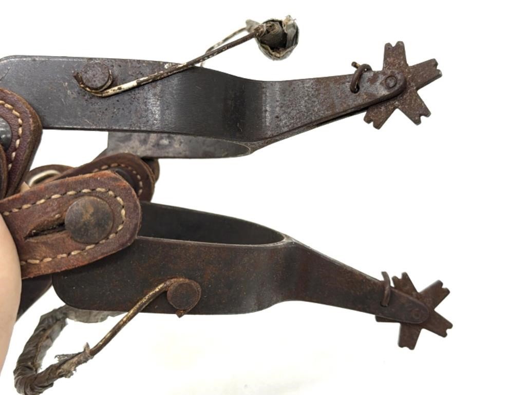 Vintage Rugged Heavy Duty Spurs & Leather Straps Cowboy Rodeo Bull Bronc Riding