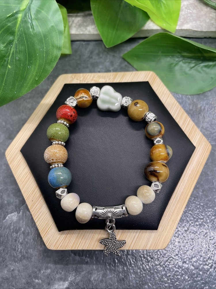 Handmade Ceramic Bead Beaded Stackable 6.5” Plus Stretch Bracelet New B331