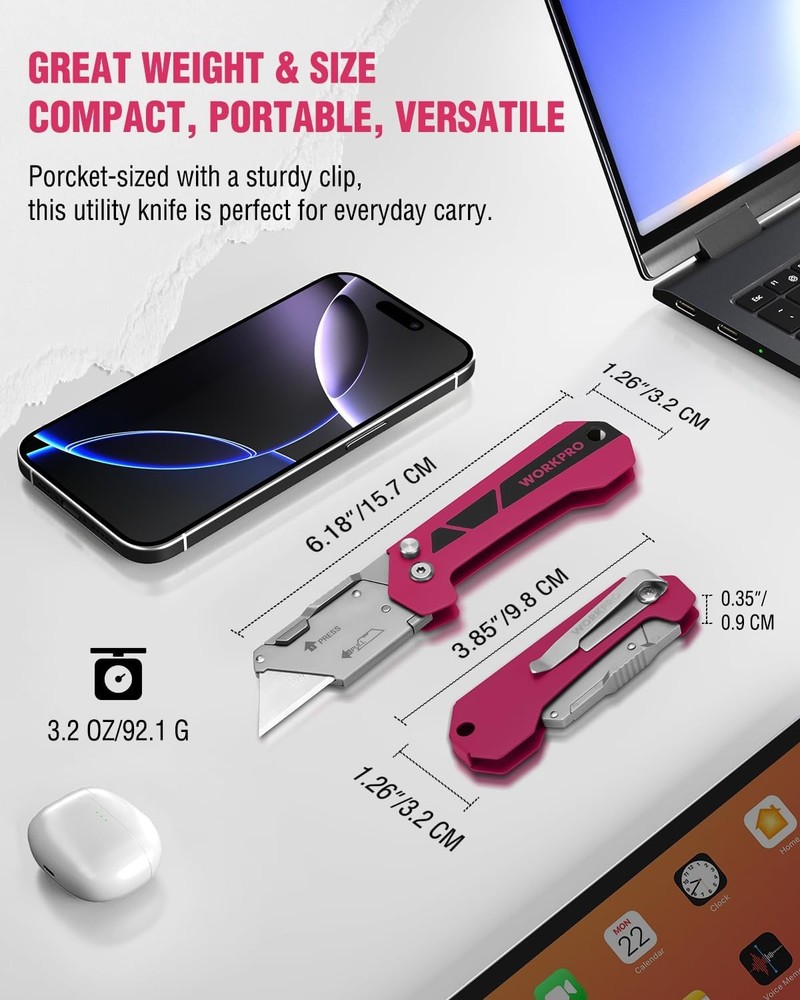 WORKPRO Pocket Folding Utility Knife Box Cutter Quick Open Axis Lock 10PCS Blade