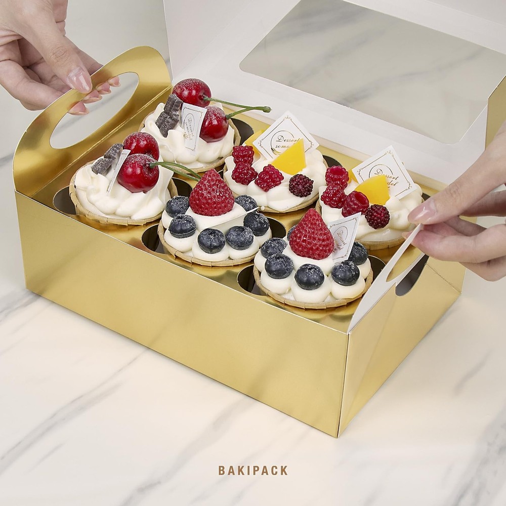 25 PCS Cupcake Boxes, Gold Cupcake Boxes 6 Count with Window and Inserts, Cup...