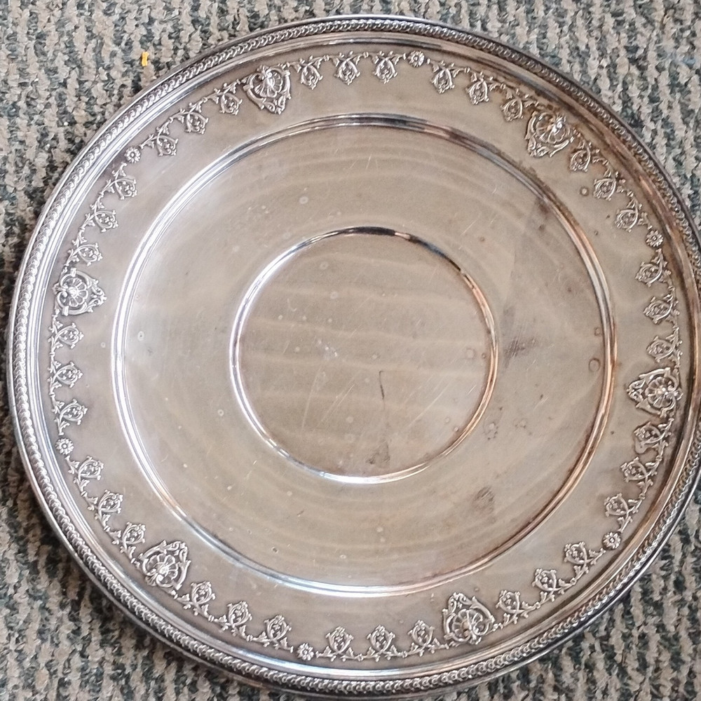 Silver Plated Decorative Tray with Ornate Border, Marked 1705