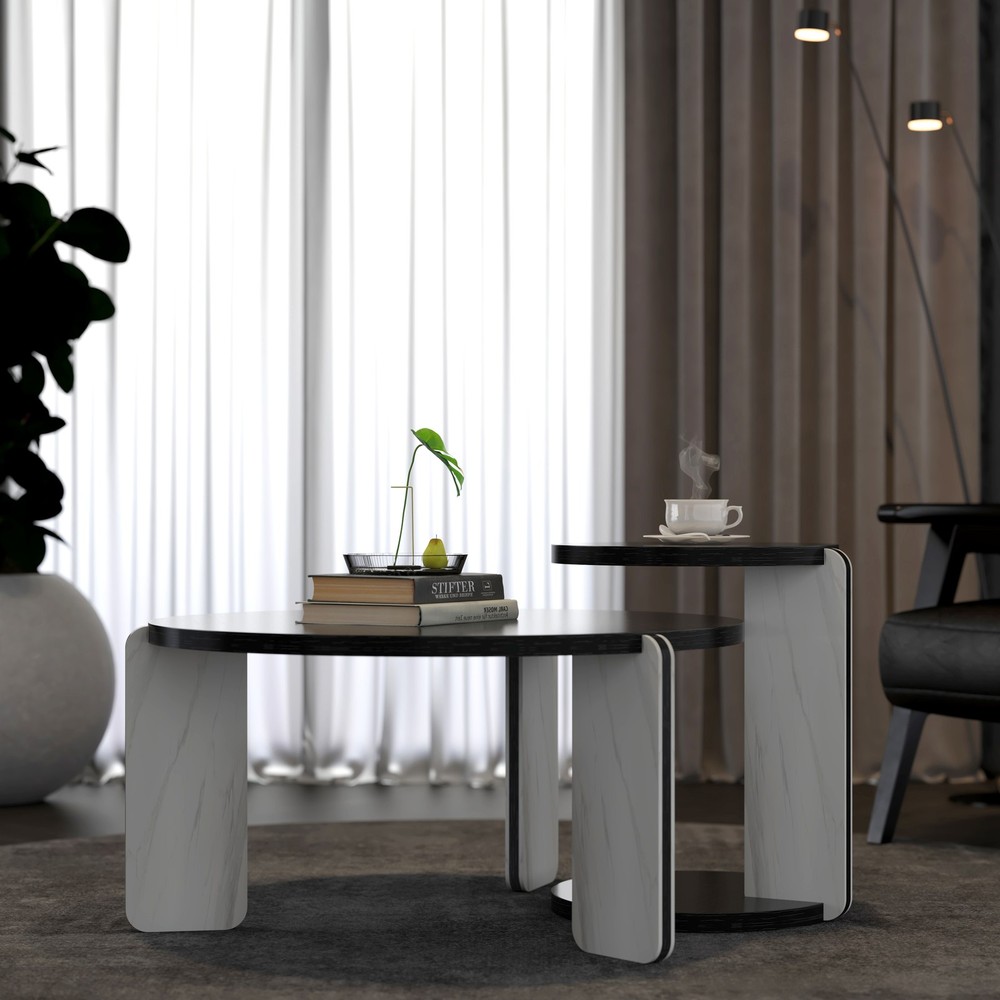 32.68" & 16.93" round coffee table end table sofa table side table set with bla
