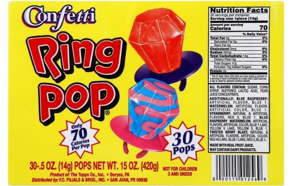 CONFETTI RING POP WITH REAL FRUIT JUICE CANDY RING ASSORTED (JAR-30PKS)