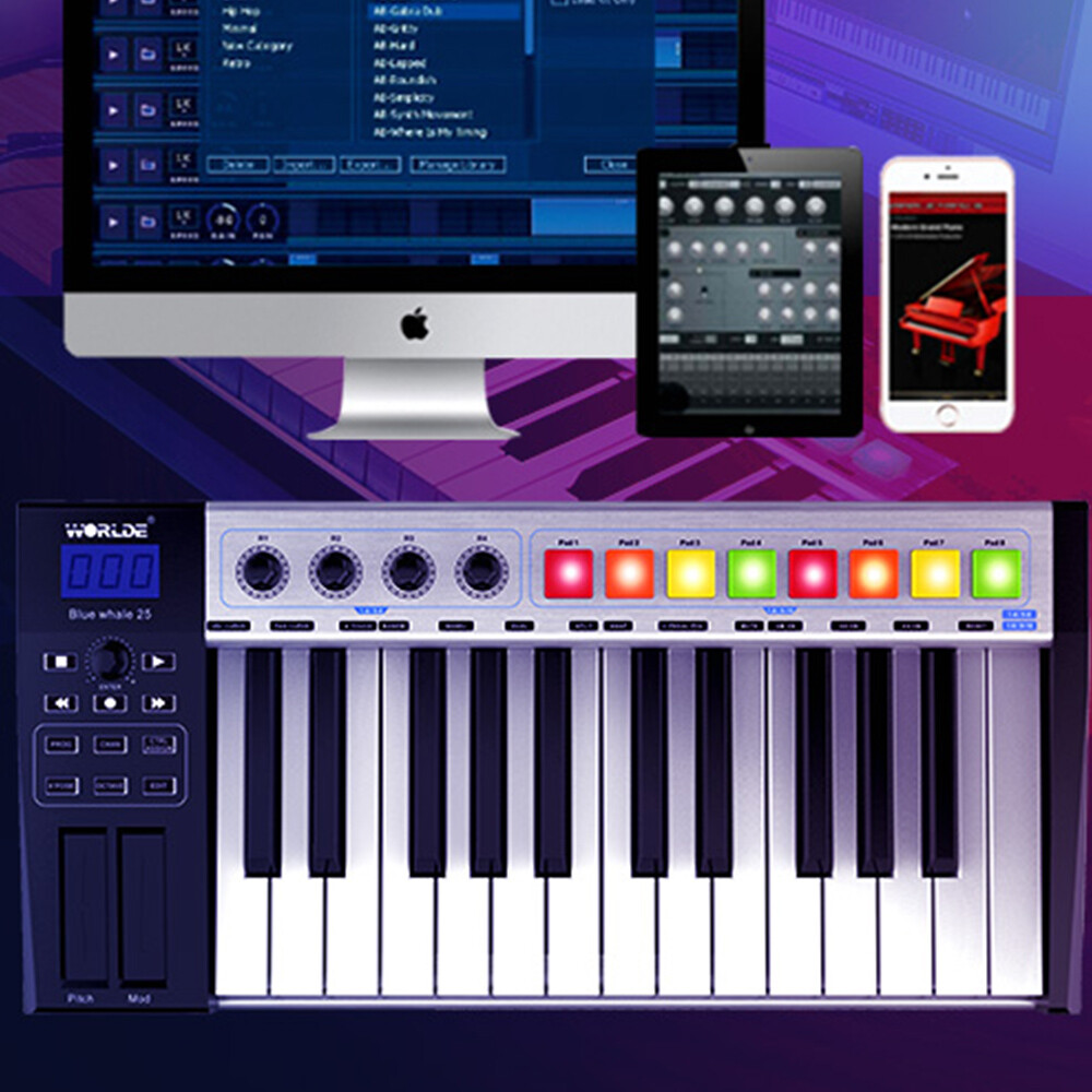 WORLDE Blue whale 25 key USB MIDI Controller Keyboard Trigger Pads w/ USB Cable
