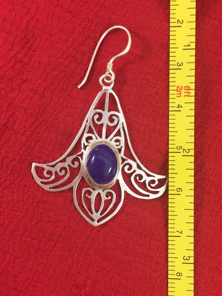 Handcrafted White Metal Earrings With Lapis Stone