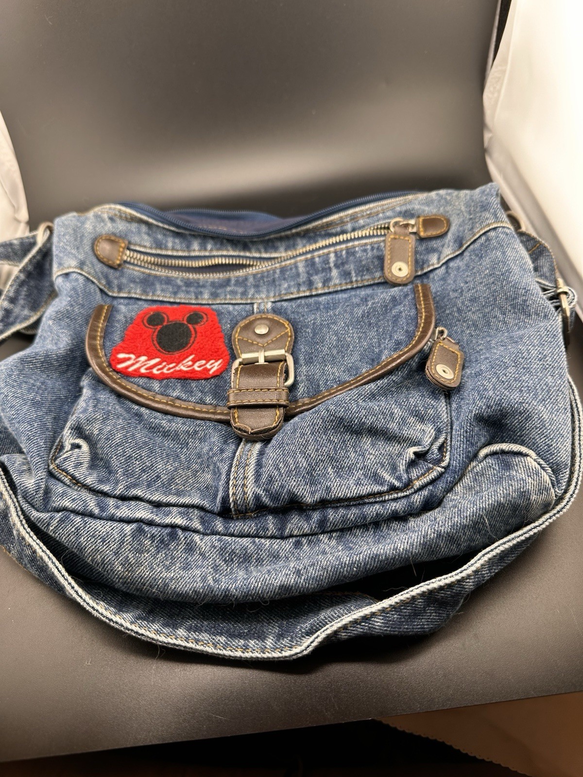 Vtg Mickey Mouse Disney 1990s Dark Denim Jean Purse Bag Patches Zippers READ