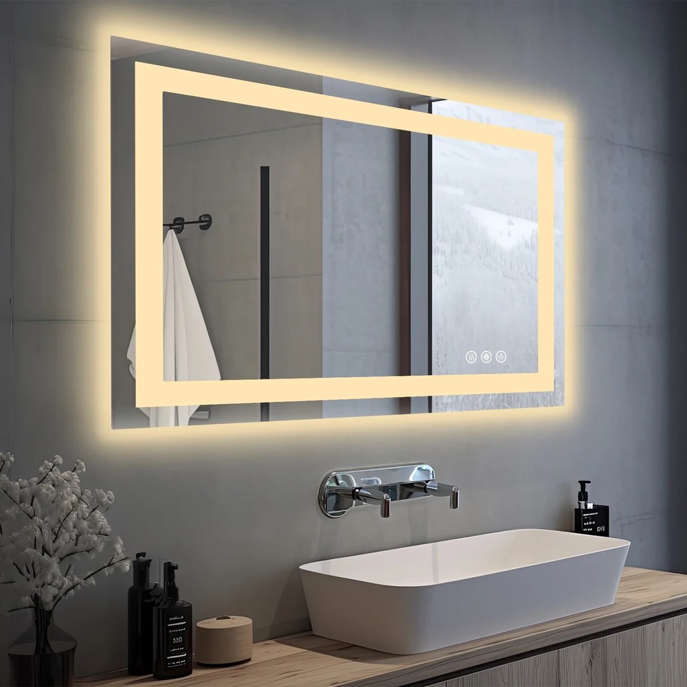 LED Bathroom Mirror Anti-Fog Backlit Memory Function Tempered Glass Waterproof