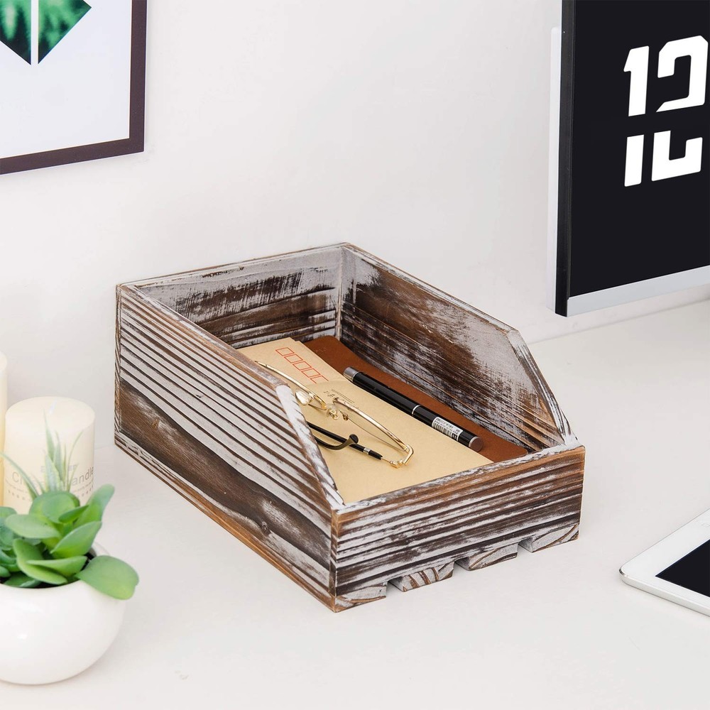 Torched Wood Paper Nesting Tray Stackable Document Storage Crate File Organiz...