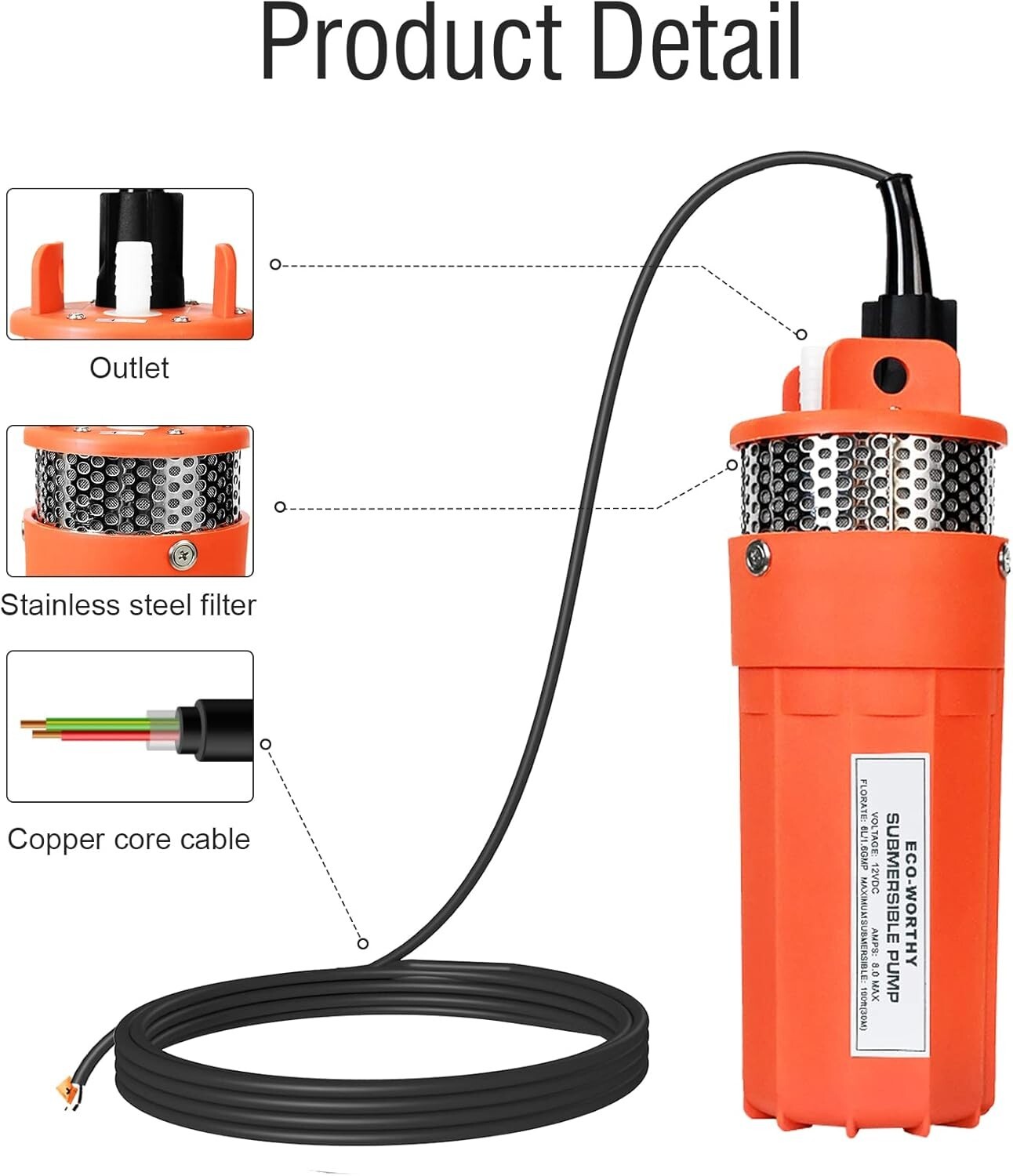 12V DC Submersible Well Water Pump with 10ft Cable, Water Flow 1.6...