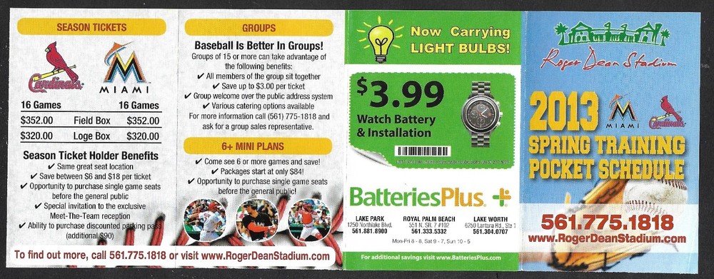 2013 CARDINALS & MARLINS  Batteries Plus  Spring Training  POCKET SCHEDULE  EX