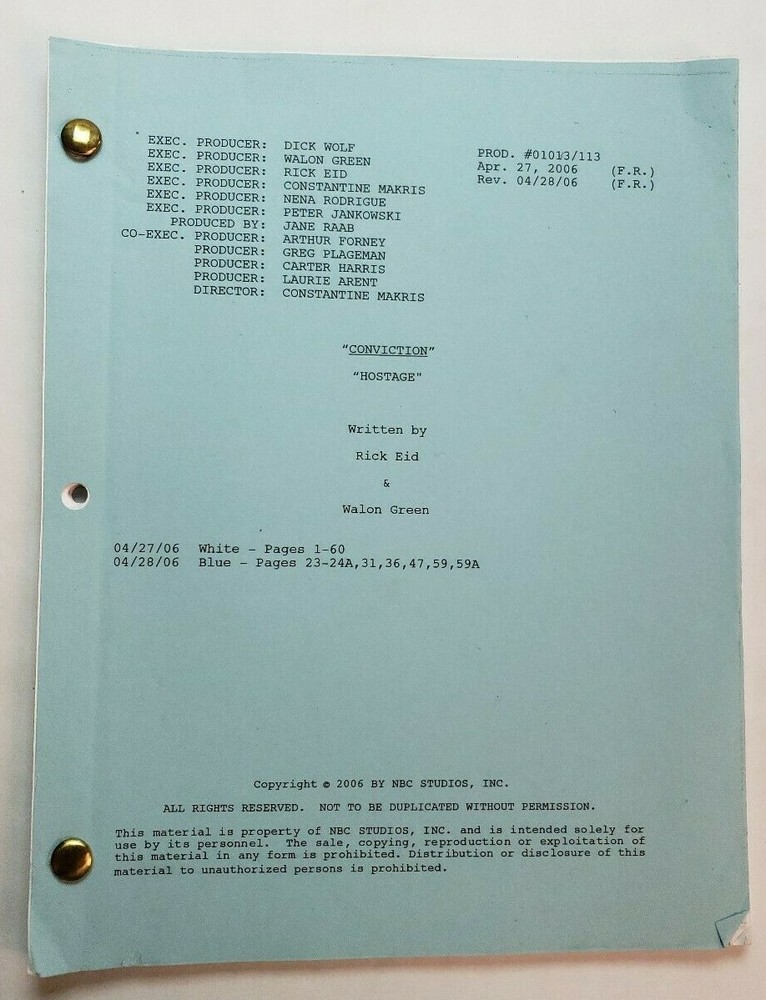 CONVICTION / Rick Eid & Walon Green 2006 TV Series Script ERIC BALFOUR "Hostage"
