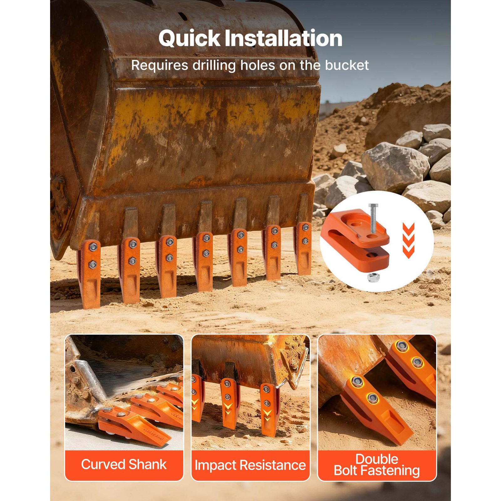 Uimoso 7 Pack Bucket Teeth 7.34" with Pins Excavator Backhoe Bucket Tooth Kit