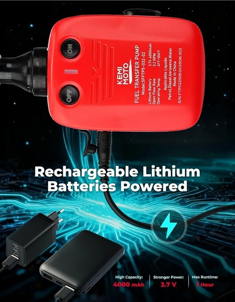 Rechargeable Automatic Fuel Transfer Pump, 3.2 GPM Flow, Auto-Stop Sensor