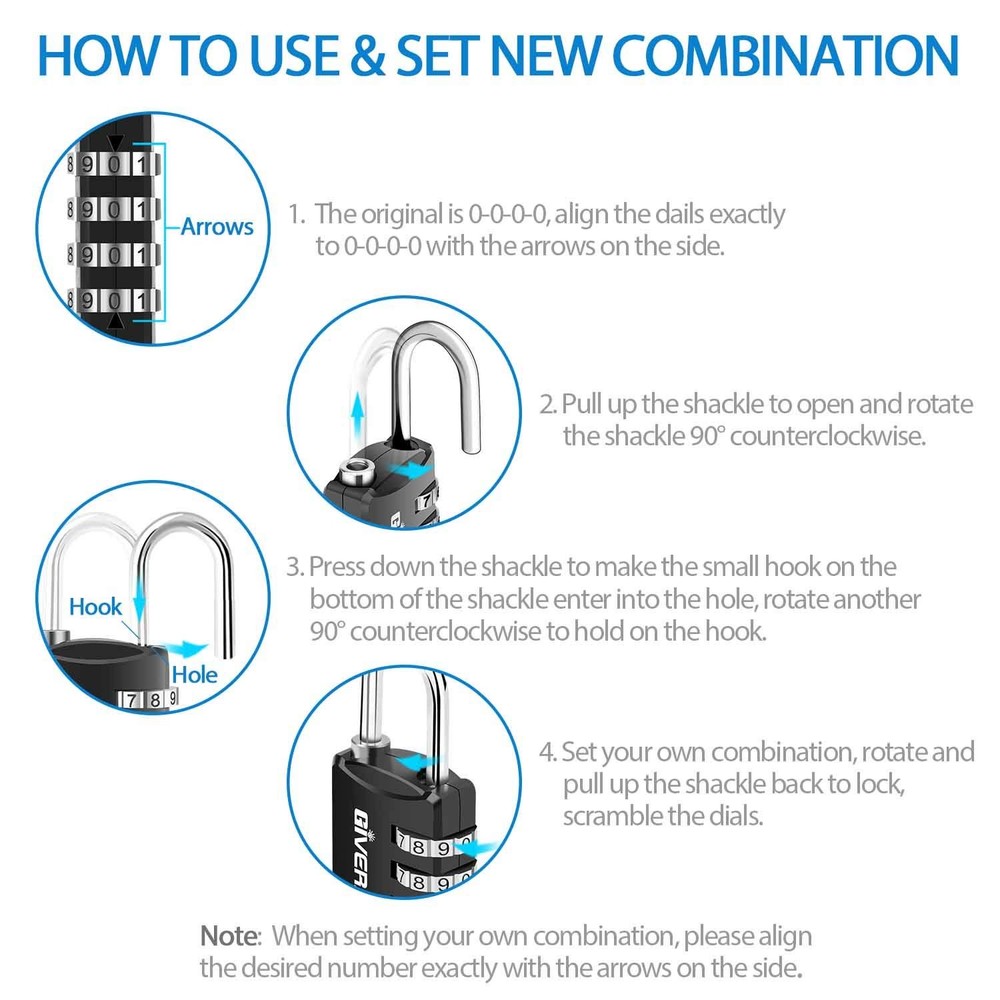 4 Pack Combination Lock, 4-Digit Padlock Keyless, Resettable Luggage Locks